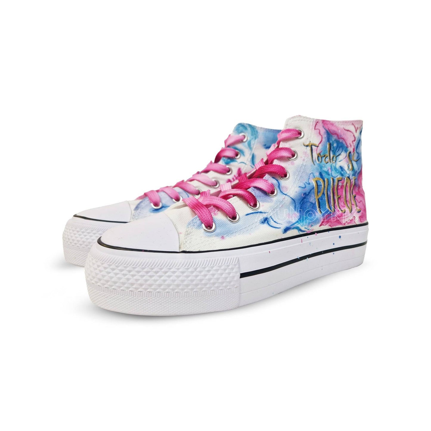 Zapatillas pintadas a mano con frase. Rosa y azul con plataforma