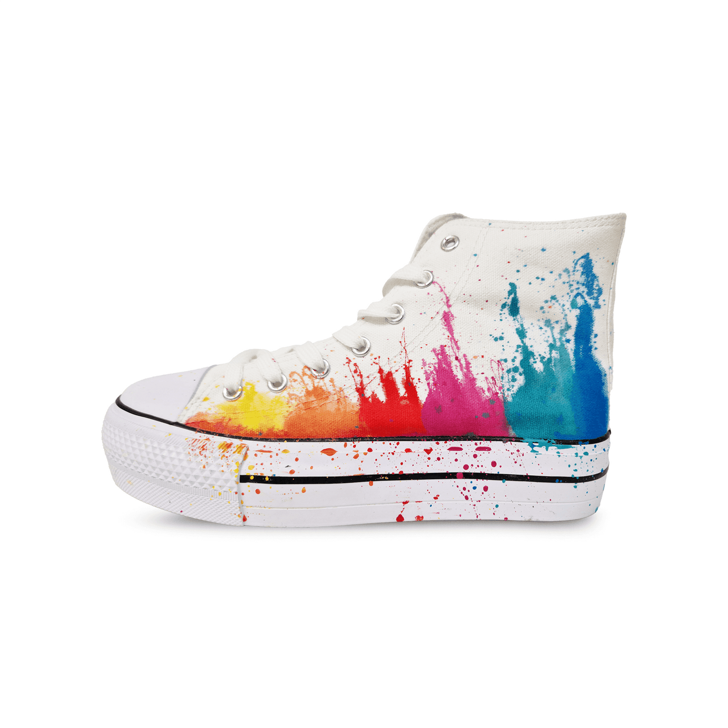 zapatillas de tela blanca con plataforma, pintadas con salpicaduras en arcoìris