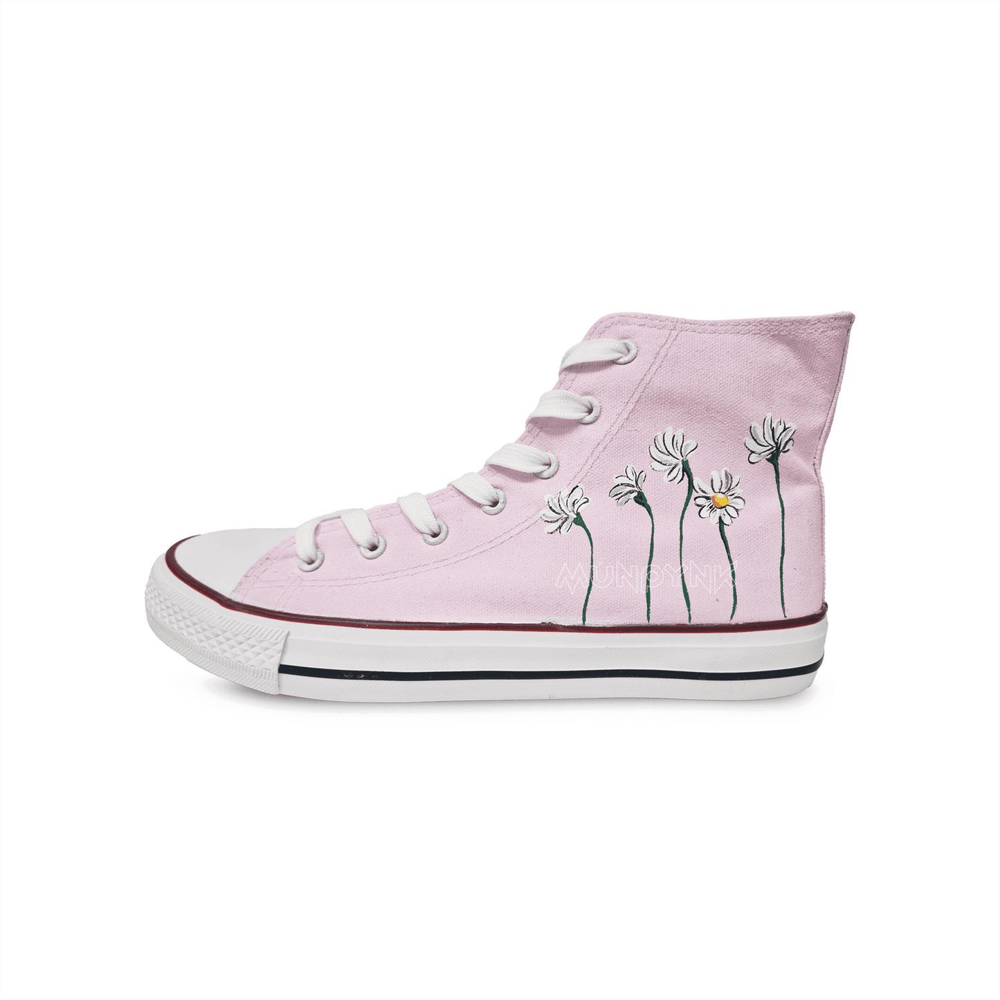 zapatillas de tela blanca con diseño de margaritas blanca con fondo rosa claro y cordones en blanco