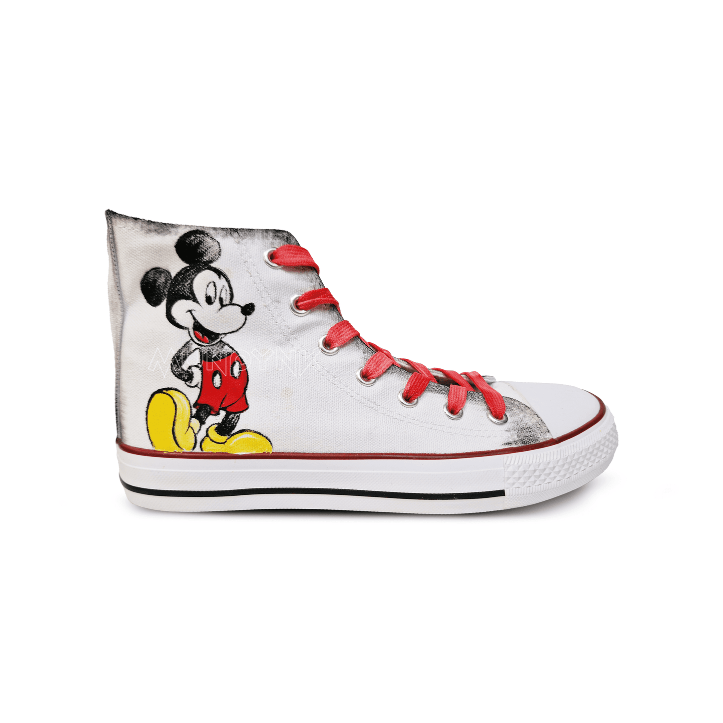 zapatillas de tela blanca con dibujo de mickey mouse con cordones rojo