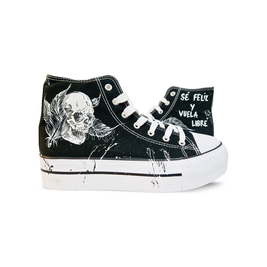 Zapatillas Pintadas Platform / Calavera con Pluma  / Black