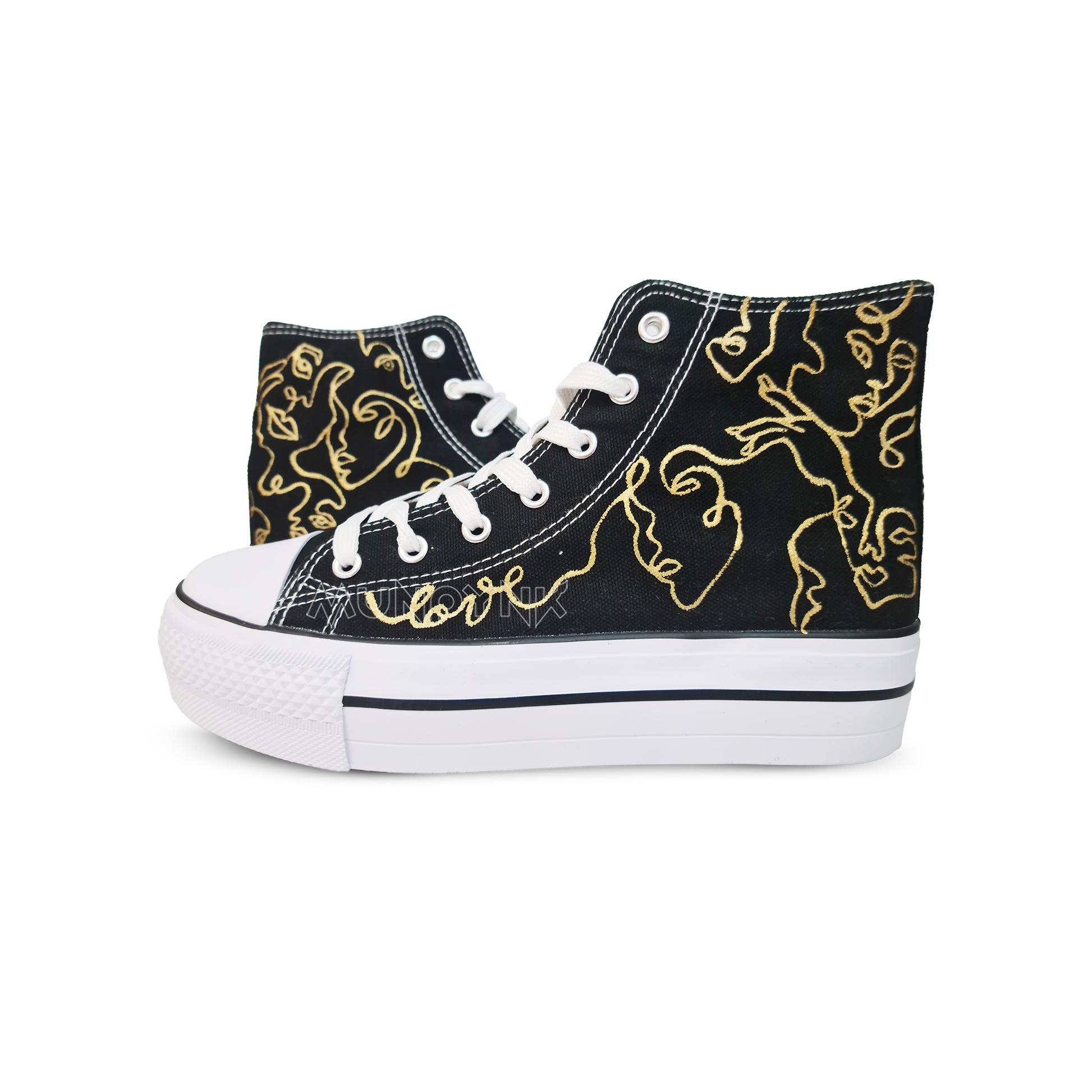 Gold line art face black canvas shoes