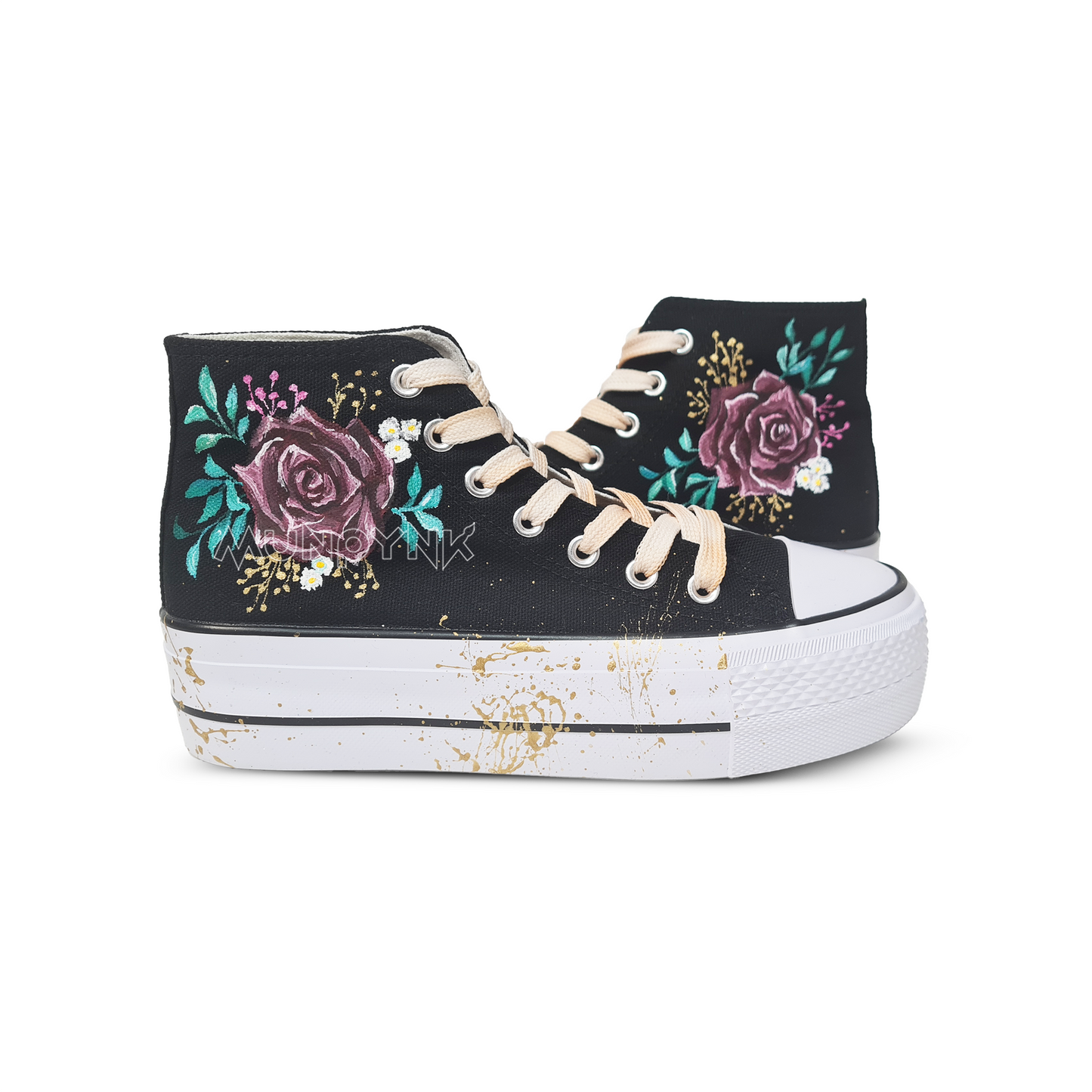 Zapatillas Pintadas Platform / Rosas En Negro