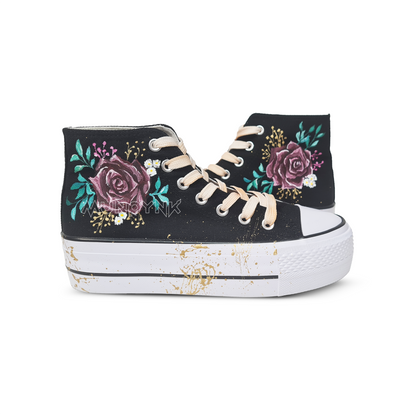 Zapatillas Pintadas Platform / Rosas En Negro