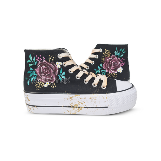 Zapatillas Pintadas Platform / Rosas En Negro
