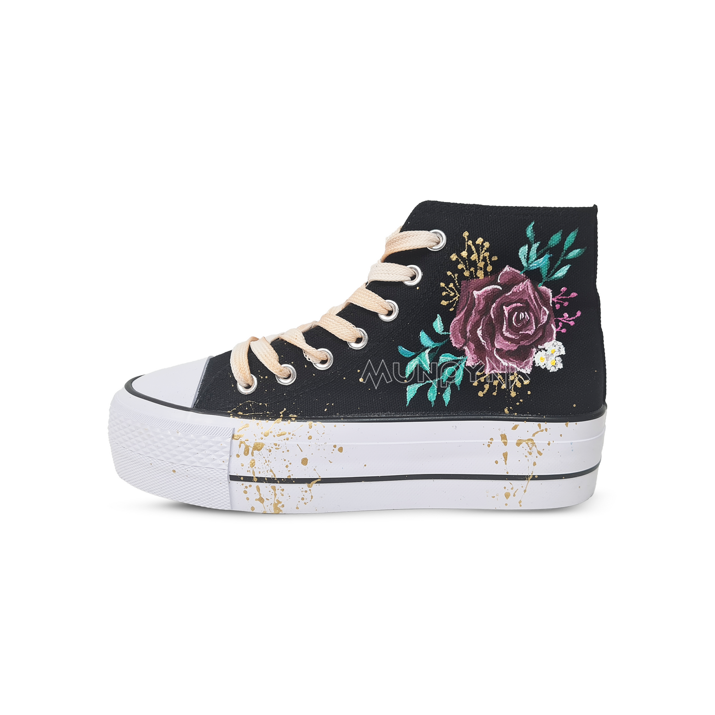 Zapatillas Pintadas Platform / Rosas En Negro