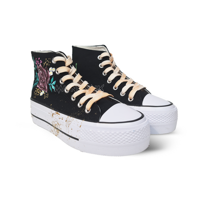 Zapatillas Pintadas Platform / Rosas En Negro