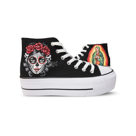 Zapatillas Pintadas Platform / Calavera Mexicana con Virgen / Black