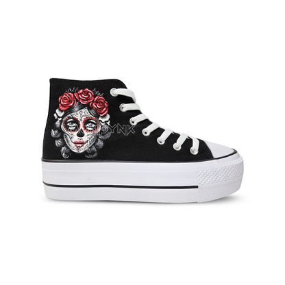 Zapatillas Pintadas Platform / Calavera Mexicana con Virgen / Black